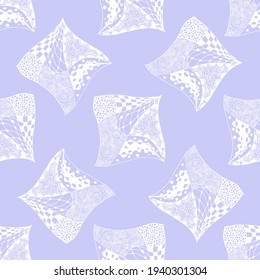 Zentangle pattern. Geometrical pattern of patterned square zentangle shapes. Vector repeating zenart background. Pastel violet