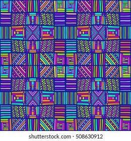 Zentangle pattern. Squares pattern with simple zentangle ornament. Seamless colorful texture. Vector illustration for web design, interior fabric, clothes design or printed products.