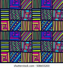 Zentangle pattern. Squares pattern with simple zentangle ornament. Seamless colorful texture. Vector illustration for web design, interior fabric, clothes design or printed products.