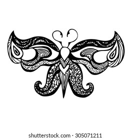 Zentangle pattern.  Zentangle stylized black Butterfly. Hand Drawn vector illustration isolated on white background. Sketch for tattoo or makhenda. Insect collection.