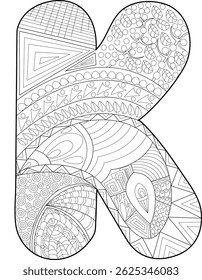 Zentangle Patterned Letter K for Coloring, Intricate black and white illustration of the uppercase letter K filled with detailed zentangle-inspired patterns, perfect for coloring books, educational