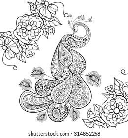 Zentangle Peacock totem in flowersfor adult anti stress Coloring Page for art therapy, illustration in doodle style. Vector monochrome sketch with high details isolated on white background.