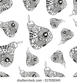 Zentangle  pear outline on white background, seamless pattern. Pattern can be used for fabric, wallpaper or wrapping paper.
