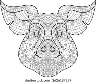 Zentangle Pig Face Line Art Illustration, Detailed black and white line art illustration of a pig's face, rendered in a decorative zentangle or mandala style. Perfect for coloring books, meditation
