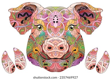 Zentangle-Schweinekopf mit Hufen. Handgezeichnete dekorative Vektorgrafik