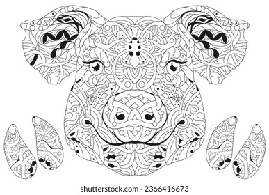 Zentangle-Schweinekopf mit Hufen. Handgezeichnete dekorative Vektorgrafik zum Färben