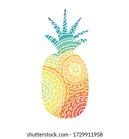 Zentangle pineapple doodle vector illustrasion. Fruit Mandala print for textille and fabric. Colorful hand drawn illustrathion. Lace art ananas.