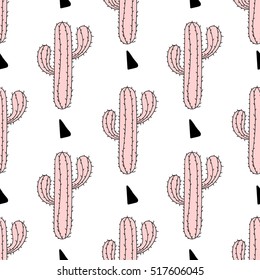 Zentangle pink cactus seamless pattern, cacti vector illustration. Hand drawn desert plant, succulent in doodle style for adult anti stress coloring page, book, art therapy.