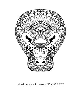 Zentangle Platypus head totem for adult anti stress Coloring Page for art therapy, tribal illustration in doodle style. Vector monochrome sketch with high details isolated on white background.