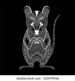 Zentangle Possum totem for adult anti stress Coloring Page for art therapy, illustration in doodle style. Vector monochrome sketch with high details isolated on black background