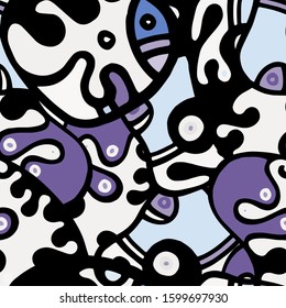 Zentangle Print. Modern Seamless Pattern.  Blue, Purple Chaotic Hand Drawn. Linear Collage. Bizarre Street Art. Creative Trendy Style. Abstract, Contrast Shape. Doodle Crazy Vector Background.
