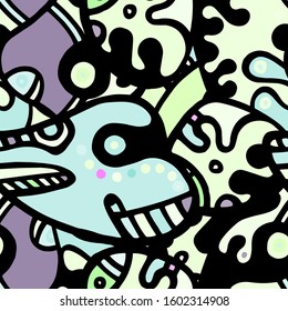 Zentangle Print. Modern Seamless Pattern.  Mint, Turquoise Funky Hand Drawn. Linear Collage. Bizarre Street Art. Creative Trendy Style. Abstract, Contrast Shape. Doodle Crazy Vector Background.
