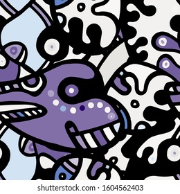 Zentangle Print. Modern Seamless Pattern.  Blue, Purple Fun Hand Drawn. Linear Collage. Bizarre Street Art. Creative Trendy Style. Abstract, Contrast Shape. Doodle Crazy Vector Background.
