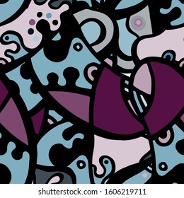 Zentangle Print. Modern Seamless Pattern.  Blue, Purple Fantasy Hand Drawn. Linear Collage. Bizarre Street Art. Creative Trendy Style. Abstract, Contrast Shape. Doodle Crazy Vector Background.

