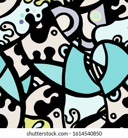 Zentangle Print. Modern Seamless Pattern.  Mint, Turquoise Summer Hand Drawn. Linear Collage. Bizarre Street Art. Creative Trendy Style. Abstract, Contrast Shape. Doodle Crazy Vector Background.
