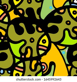 Zentangle Print. Modern Seamless Pattern.  Color, Multicolor Chaotic Hand Drawn. Linear Collage. Bizarre Street Art. Creative Trendy Style. Abstract, Contrast Shape. Doodle Crazy Vector Background.
