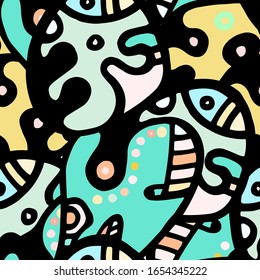 Zentangle Print. Modern Seamless Pattern.  Mint, Turquoise Fun Hand Drawn. Linear Collage. Bizarre Street Art. Creative Trendy Style. Abstract, Contrast Shape. Doodle Crazy Vector Background.
