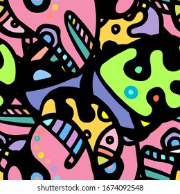 Zentangle Print. Modern Seamless Pattern.  Color, Multicolor Funky Hand Drawn. Linear Collage. Bizarre Street Art. Creative Trendy Style. Abstract, Contrast Shape. Doodle Crazy Vector Background.

