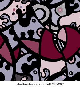 Zentangle Print. Modern Seamless Pattern.  Gray, Bordo Funky Hand Drawn. Linear Collage. Bizarre Street Art. Creative Trendy Style. Abstract, Contrast Shape. Doodle Crazy Vector Background.
