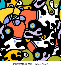 Zentangle Print. Modern Seamless Pattern.  Color, Multicolor Summer Hand Drawn. Linear Collage. Bizarre Street Art. Creative Trendy Style. Abstract, Contrast Shape. Doodle Crazy Vector Background.
