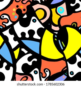 Zentangle Print. Modernes Nahtloses Muster.  Farbe, mehrfarbige, kubische Hand gezeichnet. Lineare Collage. Bizarre Street Art. Kreativer Trendstil. Abstrakte, kontrastförmige Form. Doodle Crazy Vektorhintergrund.
