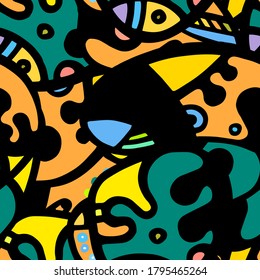 Zentangle Print. Modern Seamless Pattern.  Color, Multicolor Fantasy Hand Drawn. Linear Collage. Bizarre Street Art. Creative Trendy Style. Abstract, Contrast Shape. Doodle Crazy Vector Background.
