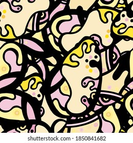 Zentangle Print. Modern Seamless Pattern.  Black, Yellow Summer Hand Drawn. Linear Collage. Bizarre Street Art. Creative Trendy Style. Abstract, Contrast Shape. Doodle Crazy Vector Background.
