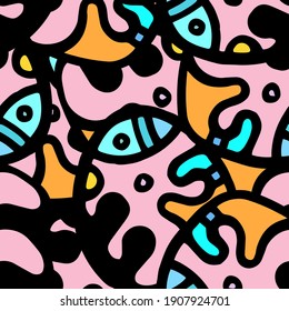 Zentangle Print. Modern Seamless Pattern.  Color, Multicolor Funky Hand Drawn. Linear Collage. Bizarre Street Art. Creative Trendy Style. Abstract, Contrast Shape. Doodle Crazy Vector Background.
