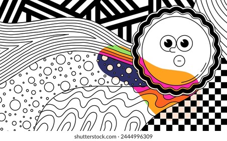Página para colorear psicodélica Zentangle para adultos. Sol con tableros de ajedrez y diferentes Formas.