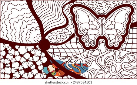 Zentangle psychedelic coloring page checkerboards with butterfly.