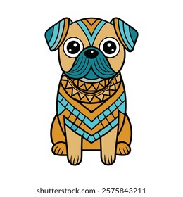 A zentangle pug dog with intricate, artistic patterns adorning its body. The design blends the pug's charm with mesmerizing, hand-drawn geometric and floral details.