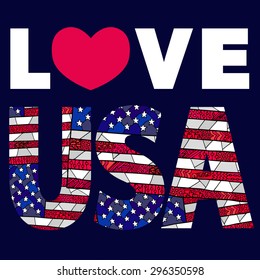 Zentangle quote love USA with american flag background. USA flag. American abstarct flag. Love USA quote. Independence day greeting card. USA Independence day background. American flag design.