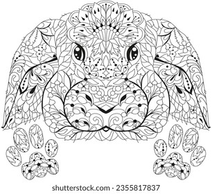 Zentangle rabbit head with paws for coloring. Hand drawn decorative vector illustration for coloring