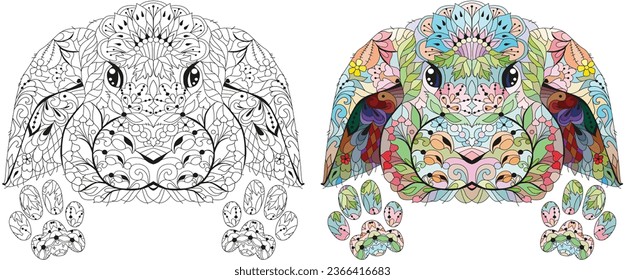 Zentangle rabbit head with paws for coloring. Hand drawn decorative vector illustration for coloring. Black and white and color images