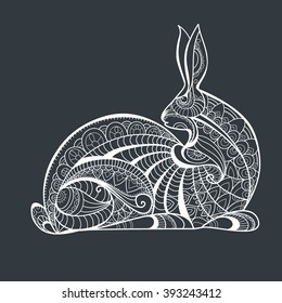 Zentangle rabbit vector illustration isolated on black background.Hand drawn rabbit for your design - coloring book for adults, print for t-shirt, tattoo. Rabbit in zen tangle style. Zen art animal