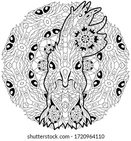 Zentangle rooster head with mandala. Hand drawn decorative vector illustration for coloring