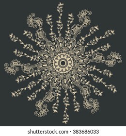 Zentangle round floral ornament. Vector ornamental round lace with arabesque elements. Mehndi style. Orient traditional ornament.