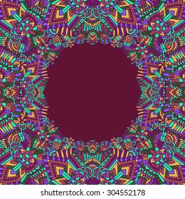 Zentangle round frame. Abstract frame. Unusual ornament with zentangle shapes and lines. Vector illustration. Purple and gold frame. Zentangle round frame. Unuasul ethnic ornament. Zentangle vector.