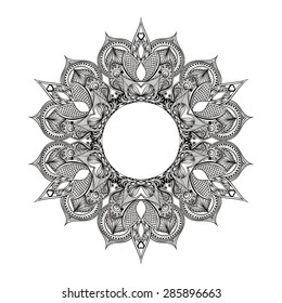 Zentangle round  Indian, Arabic Mandala. Hand drawn vintage Ornament Pattern. Retro  vector isolated on white background. Tatoo or mehndi design. Can be used as greeting, wedding and invitation card. 