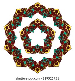 Zentangle round Indian, Arabic Mandala. Hand drawn vintage Ornament Pattern. Retro vector isolated on white background. Tatoo or mehndi design. Can be used as greeting, wedding and invitation card.
