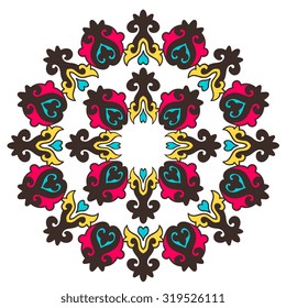 Zentangle round Indian, Arabic Mandala. Hand drawn vintage Ornament Pattern. Retro vector isolated on white background. Tatoo or mehndi design. Can be used as greeting, wedding and invitation card.