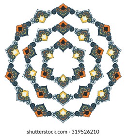 Zentangle round Indian, Arabic Mandala. Hand drawn vintage Ornament Pattern. Retro vector isolated on white background. Tatoo or mehndi design. Can be used as greeting, wedding and invitation card.