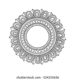Zentangle round mandala. Hand-drawn floral and tribal circular ornament. Black and white vector adult coloring book page design.