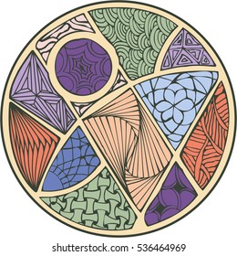 Zentangle round ornament. Colorful texture for backgrounds. Hand drawn art geometric mandala. 