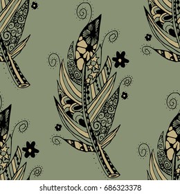 Zentangle Seamless Pattern. Hand Drawn Doodle Feathers Scanned and Traced to Vector. Rapport for Textile, Fabric, Wallpaper, Book Cover, Print, Linen.