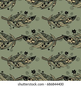 Zentangle Seamless Pattern. Hand Drawn Doodle Feathers Vector. Rapport for Textile, Fabric, Wallpaper, Book Cover, Print, Linen.