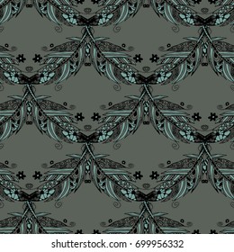 Zentangle Seamless Pattern. Hand Drawn Doodle Feathers Scanned and Traced to Vector. Rapport for Textile, Fabric, Wallpaper, Book Cover, Print, Linen.