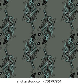 Zentangle Seamless Pattern. Hand Drawn Doodle Feathers Scanned and Traced to Vector. Rapport for Textile, Fabric, Wallpaper, Book Cover, Print, Linen.