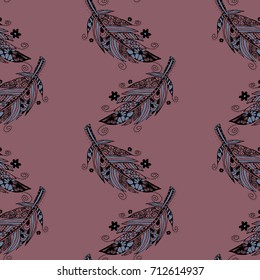 Zentangle Seamless Pattern. Hand Drawn Doodle Feathers Scanned and Traced to Vector. Rapport for Textile, Fabric, Wallpaper, Book Cover, Print, Linen.