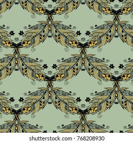 Zentangle Seamless Pattern. Hand Drawn Doodle Feathers Scanned and Traced to Vector. Rapport for Textile, Fabric, Wallpaper, Book Cover, Print, Linen.